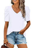 LC25219590-1-S, LC25219590-1-M, LC25219590-1-L, LC25219590-1-XL, White Women's Summer Casual Shirts Puff Sleeve V Neck T-Shirt