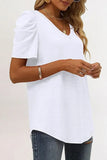 LC25219590-1-S, LC25219590-1-M, LC25219590-1-L, LC25219590-1-XL, White Women's Summer Casual Shirts Puff Sleeve V Neck T-Shirt