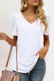 LC25219590-1-S, LC25219590-1-M, LC25219590-1-L, LC25219590-1-XL, White Women's Summer Casual Shirts Puff Sleeve V Neck T-Shirt