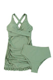 LC415776-9-S, LC415776-9-M, LC415776-9-L, LC415776-9-XL, LC415776-9-2XL, Green Women Criss Cross Back Tie Ruched Ruffled Tankini Bathing Suit with Shorts