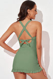 LC415776-9-S, LC415776-9-M, LC415776-9-L, LC415776-9-XL, LC415776-9-2XL, Green Women Criss Cross Back Tie Ruched Ruffled Tankini Bathing Suit with Shorts