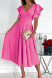 LC6110363-6-S, LC6110363-6-M, LC6110363-6-L, LC6110363-6-XL, LC6110363-6-2XL, Rose Womens V Neck Ruffle Sleeve Wrap Dress Midi Dress Cocktail Party Dress