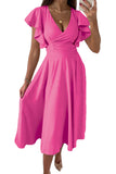 LC6110363-6-S, LC6110363-6-M, LC6110363-6-L, LC6110363-6-XL, LC6110363-6-2XL, Rose Womens V Neck Ruffle Sleeve Wrap Dress Midi Dress Cocktail Party Dress
