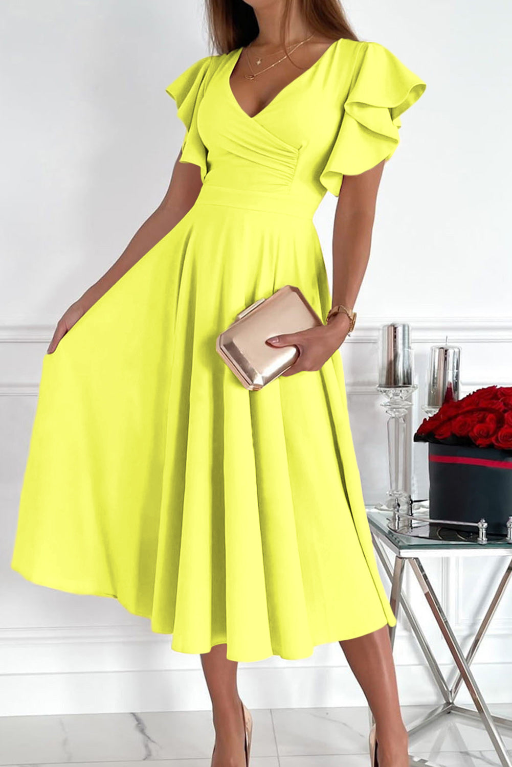 LC6110363-7-S, LC6110363-7-M, LC6110363-7-L, LC6110363-7-XL, LC6110363-7-2XL, Yellow Womens V Neck Ruffle Sleeve Wrap Dress Midi Dress Cocktail Party Dress
