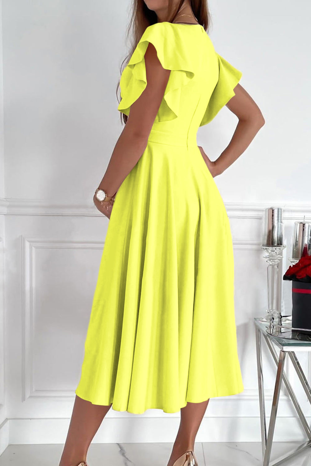 LC6110363-7-S, LC6110363-7-M, LC6110363-7-L, LC6110363-7-XL, LC6110363-7-2XL, Yellow Womens V Neck Ruffle Sleeve Wrap Dress Midi Dress Cocktail Party Dress