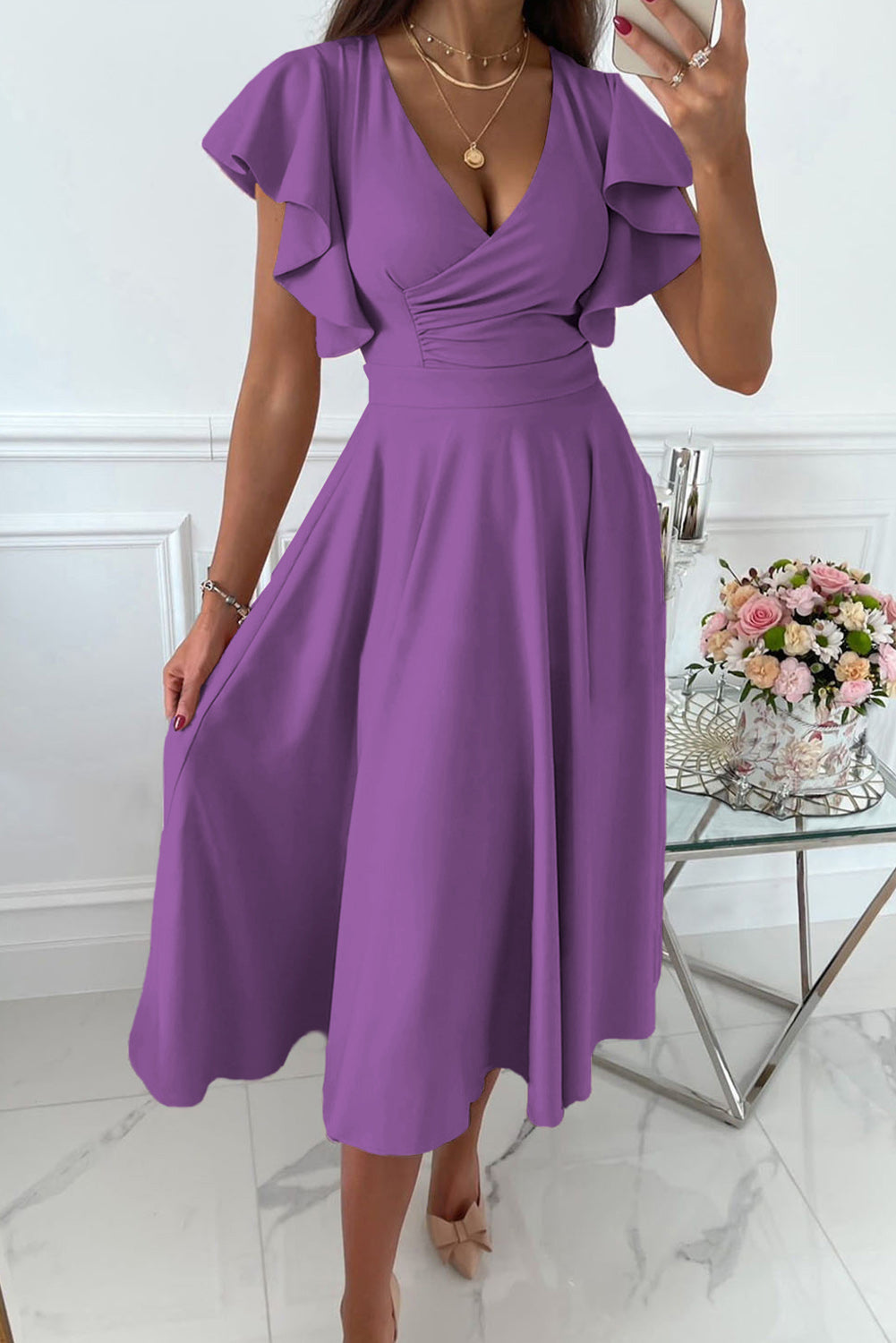 LC6110363-8-S, LC6110363-8-M, LC6110363-8-L, LC6110363-8-XL, LC6110363-8-2XL, Purple Womens V Neck Ruffle Sleeve Wrap Dress Midi Dress Cocktail Party Dress
