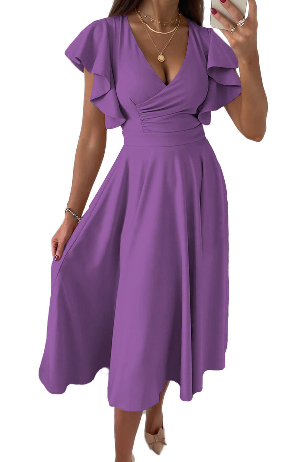 LC6110363-8-S, LC6110363-8-M, LC6110363-8-L, LC6110363-8-XL, LC6110363-8-2XL, Purple Womens V Neck Ruffle Sleeve Wrap Dress Midi Dress Cocktail Party Dress