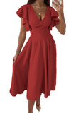 LC6110363-103-S, LC6110363-103-M, LC6110363-103-L, LC6110363-103-XL, LC6110363-103-2XL, Red Womens V Neck Ruffle Sleeve Wrap Dress Midi Dress Cocktail Party Dress
