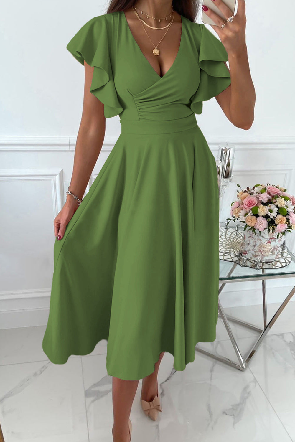 LC6110363-109-S, LC6110363-109-M, LC6110363-109-L, LC6110363-109-XL, LC6110363-109-2XL, Green Womens V Neck Ruffle Sleeve Wrap Dress Midi Dress Cocktail Party Dress