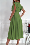LC6110363-109-S, LC6110363-109-M, LC6110363-109-L, LC6110363-109-XL, LC6110363-109-2XL, Green Womens V Neck Ruffle Sleeve Wrap Dress Midi Dress Cocktail Party Dress