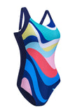 LC443354-22-S, LC443354-22-M, LC443354-22-L, LC443354-22-XL, LC443354-22-2XL, Multicolor Women One Piece Swimsuit Striped Pattern Print Sleeveless Bathing Suit