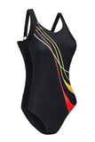 LC443354-2-S, LC443354-2-M, LC443354-2-L, LC443354-2-XL, LC443354-2-2XL, Black Women One Piece Swimsuit Striped Pattern Print Sleeveless Bathing Suit