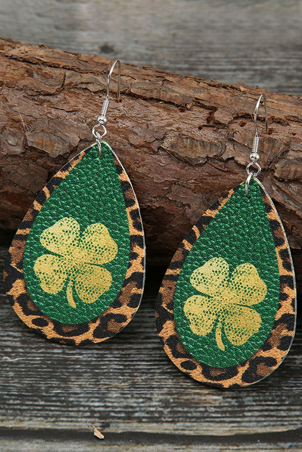 BH012461-9, Green St Patrick's Day Faux Leather Earrings for Women Shamrock Clover Leopard Earrings