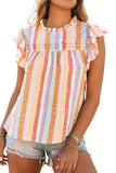 LC2567744-22-S, LC2567744-22-M, LC2567744-22-L, LC2567744-22-XL, LC2567744-22-2XL, Multicolor Womens Striped Blouses Color Block Ruffle Cap Sleeve Sleeveless Top