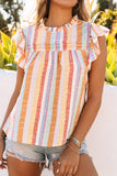 LC2567744-22-S, LC2567744-22-M, LC2567744-22-L, LC2567744-22-XL, LC2567744-22-2XL, Multicolor Womens Striped Blouses Color Block Ruffle Cap Sleeve Sleeveless Top
