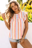LC2567744-22-S, LC2567744-22-M, LC2567744-22-L, LC2567744-22-XL, LC2567744-22-2XL, Multicolor Womens Striped Blouses Color Block Ruffle Cap Sleeve Sleeveless Top