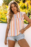 LC2567744-22-S, LC2567744-22-M, LC2567744-22-L, LC2567744-22-XL, LC2567744-22-2XL, Multicolor Womens Striped Blouses Color Block Ruffle Cap Sleeve Sleeveless Top