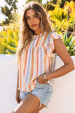 LC2567744-22-S, LC2567744-22-M, LC2567744-22-L, LC2567744-22-XL, LC2567744-22-2XL, Multicolor Womens Striped Blouses Color Block Ruffle Cap Sleeve Sleeveless Top