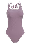 LC443450-8-S, LC443450-8-M, LC443450-8-L, LC443450-8-XL, LC443450-8-2XL, Purple Women One Piece Swimsuit Tassel Tie Straps Ribbed Bathing Suit
