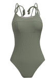 LC443450-109-S, LC443450-109-M, LC443450-109-L, LC443450-109-XL, LC443450-109-2XL, Green Women One Piece Swimsuit Tassel Tie Straps Ribbed Bathing Suit