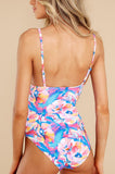 LC443502-10-S, LC443502-10-M, LC443502-10-L, LC443502-10-XL, Pink Floral Print Lace-up High Waist One Piece Swimsuit Swimwear