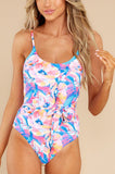 LC443502-10-S, LC443502-10-M, LC443502-10-L, LC443502-10-XL, Pink Floral Print Lace-up High Waist One Piece Swimsuit Swimwear