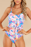 LC443502-10-S, LC443502-10-M, LC443502-10-L, LC443502-10-XL, Pink Floral Print Lace-up High Waist One Piece Swimsuit Swimwear