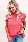 LC25119005-6-S, LC25119005-6-M, LC25119005-6-L, LC25119005-6-XL, LC25119005-6-2XL, Rose Valentines Day Pink Flutter Sleeve Frilled Neck Blouse for Women