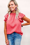 LC25119005-6-S, LC25119005-6-M, LC25119005-6-L, LC25119005-6-XL, LC25119005-6-2XL, Rose Valentines Day Pink Flutter Sleeve Frilled Neck Blouse for Women