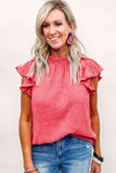 LC25119005-6-S, LC25119005-6-M, LC25119005-6-L, LC25119005-6-XL, LC25119005-6-2XL, Rose Valentines Day Pink Flutter Sleeve Frilled Neck Blouse for Women