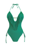 LC443432-9-S, LC443432-9-M, LC443432-9-L, LC443432-9-XL, LC443432-9-2XL, Green Tassel One Piece Swimsuits for Women Halter Backless Sexy Swimwear