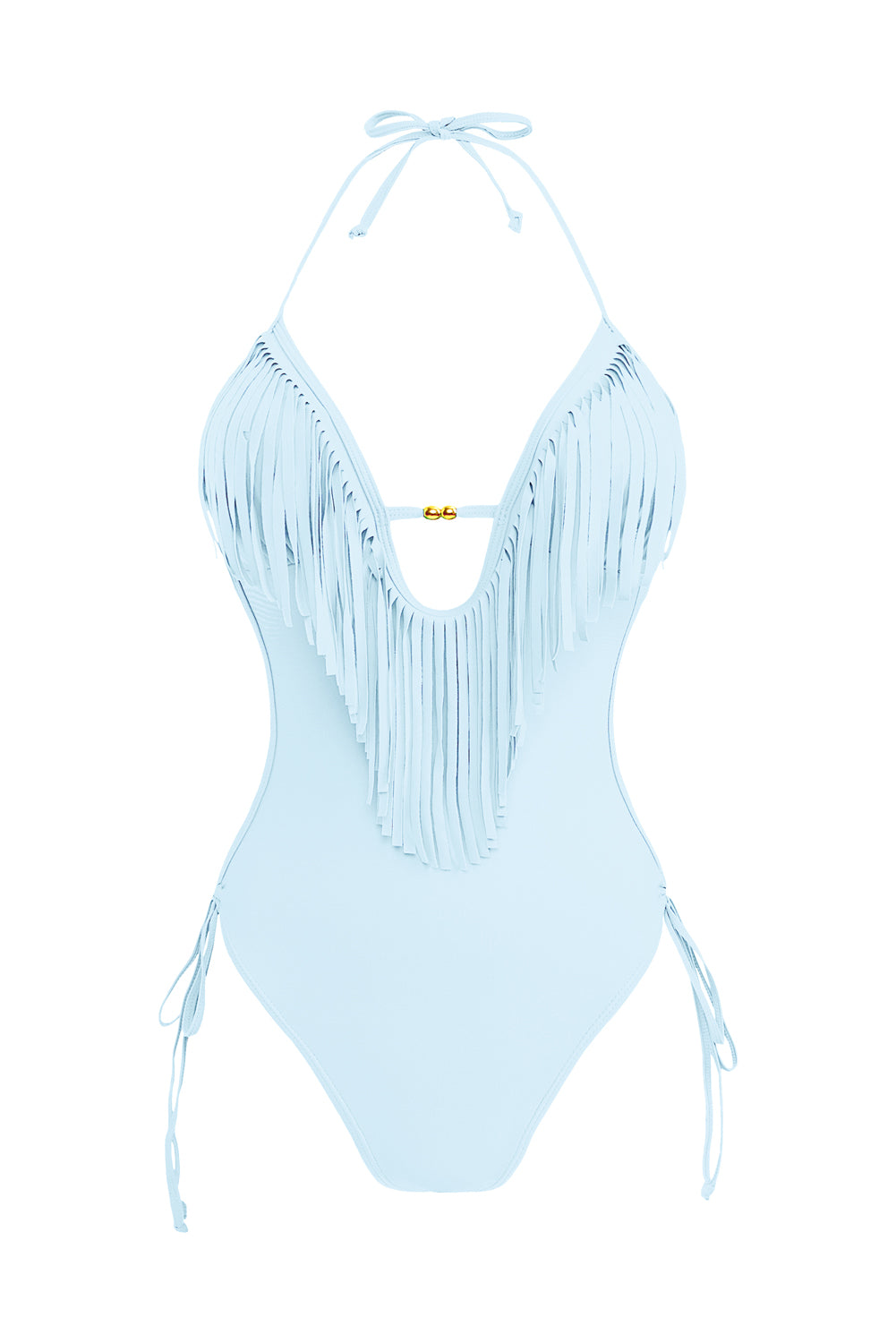 LC443432-4-S, LC443432-4-M, LC443432-4-L, LC443432-4-XL, LC443432-4-2XL, Sky Blue Tassel One Piece Swimsuits for Women Halter Backless Sexy Swimwear