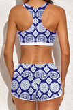 LC415772-105-S, LC415772-105-M, LC415772-105-L, LC415772-105-XL, LC415772-105-2XL, Blue 3 Piece Swimsuits for Women Printed Sporty Racerback Tankini Swimsuit
