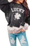 LC25314354-2-S, LC25314354-2-M, LC25314354-2-L, LC25314354-2-XL, LC25314354-2-2XL, Black St Patrick's Day LUCKY Clover Leopard Bleached Graphic Sweatshirt