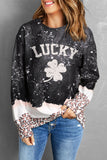 LC25314354-2-S, LC25314354-2-M, LC25314354-2-L, LC25314354-2-XL, LC25314354-2-2XL, Black St Patrick's Day LUCKY Clover Leopard Bleached Graphic Sweatshirt