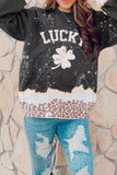 LC25314354-2-S, LC25314354-2-M, LC25314354-2-L, LC25314354-2-XL, LC25314354-2-2XL, Black St Patrick's Day LUCKY Clover Leopard Bleached Graphic Sweatshirt