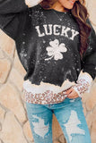 LC25314354-2-S, LC25314354-2-M, LC25314354-2-L, LC25314354-2-XL, LC25314354-2-2XL, Black St Patrick's Day LUCKY Clover Leopard Bleached Graphic Sweatshirt