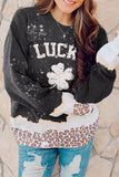 LC25314354-2-S, LC25314354-2-M, LC25314354-2-L, LC25314354-2-XL, LC25314354-2-2XL, Black St Patrick's Day LUCKY Clover Leopard Bleached Graphic Sweatshirt