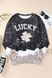 LC25314354-2-S, LC25314354-2-M, LC25314354-2-L, LC25314354-2-XL, LC25314354-2-2XL, Black St Patrick's Day LUCKY Clover Leopard Bleached Graphic Sweatshirt