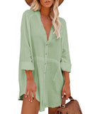 PCD3680-109-S, PCD3680-109-M, PCD3680-109-L, PCD3680-109-XL, Blue-green Women's Swim Cover Up Cardigan Bathing Suit Coverup Summer Button Down Shirt Blouse Dresses