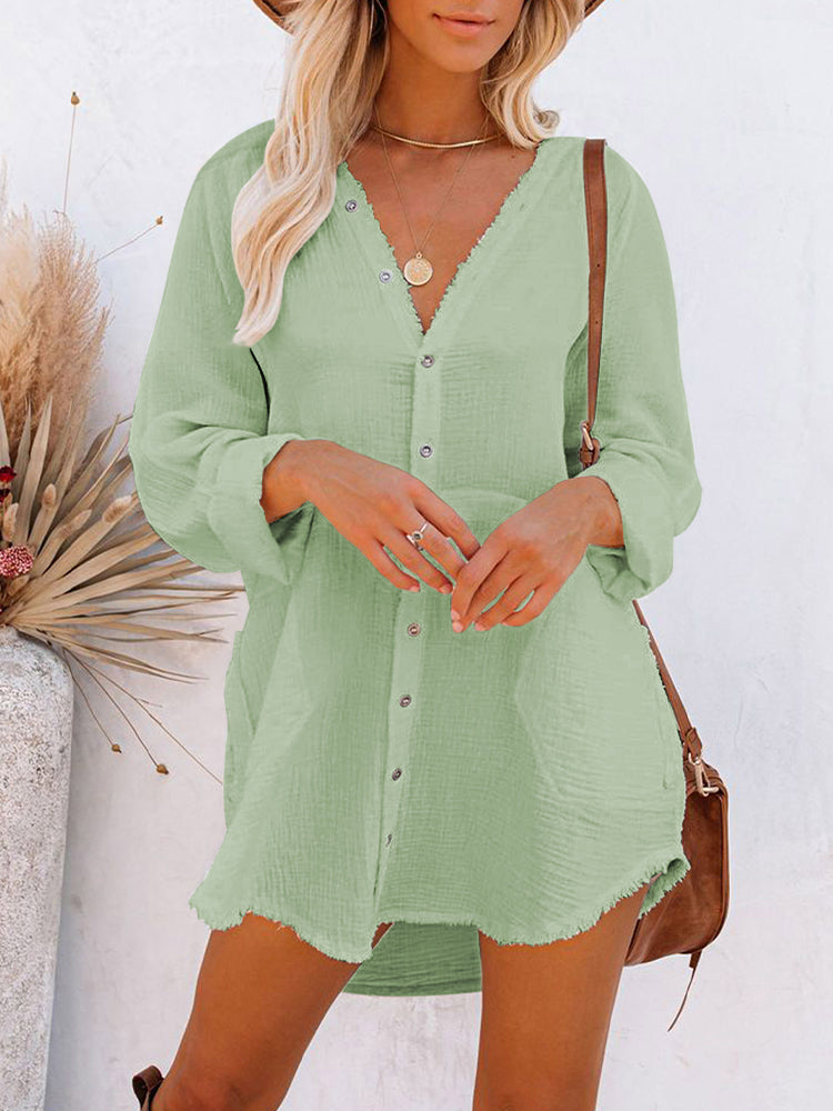 PCD3680-109-S, PCD3680-109-M, PCD3680-109-L, PCD3680-109-XL, Blue-green Women's Swim Cover Up Cardigan Bathing Suit Coverup Summer Button Down Shirt Blouse Dresses