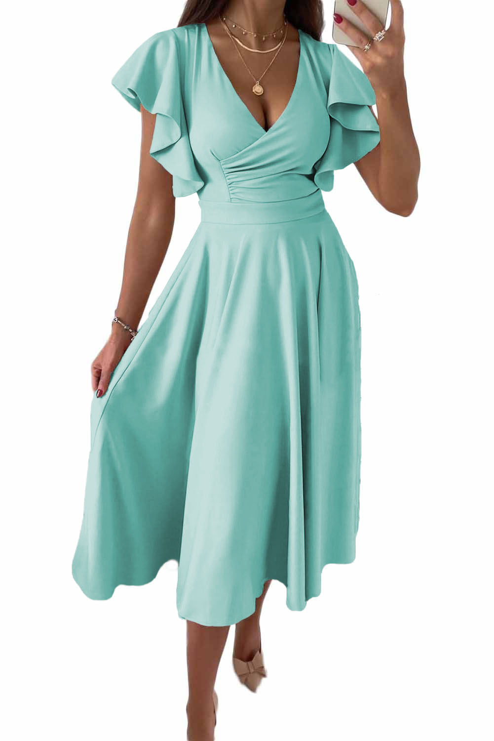 LC6110363-4-S, LC6110363-4-M, LC6110363-4-L, LC6110363-4-XL, LC6110363-4-2XL, Sky Blue Womens V Neck Ruffle Sleeve Wrap Dress Midi Dress Cocktail Party Dress