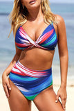 LC433619-22-XS, LC433619-22-S, LC433619-22-M, LC433619-22-L, LC433619-22-XL, Multicolor Women's Bikini Sets Abstract Print High Waisted V Neck Twist Front Bathing Suit