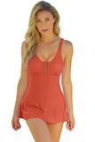 LC443469-14-S, LC443469-14-M, LC443469-14-L, LC443469-14-XL, LC443469-14-2XL, Orange Women's One Piece Swimdress Skirted Strappy V Neck Side Split One-piece Bathing Suit