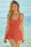 LC443469-14-S, LC443469-14-M, LC443469-14-L, LC443469-14-XL, LC443469-14-2XL, Orange Women's One Piece Swimdress Skirted Strappy V Neck Side Split One-piece Bathing Suit