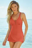 LC443469-14-S, LC443469-14-M, LC443469-14-L, LC443469-14-XL, LC443469-14-2XL, Orange Women's One Piece Swimdress Skirted Strappy V Neck Side Split One-piece Bathing Suit