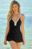 LC443469-2-S, LC443469-2-M, LC443469-2-L, LC443469-2-XL, LC443469-2-2XL, Black Women's One Piece Swimdress Skirted Strappy V Neck Side Split One-piece Bathing Suit
