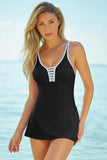 LC443469-2-S, LC443469-2-M, LC443469-2-L, LC443469-2-XL, LC443469-2-2XL, Black Women's One Piece Swimdress Skirted Strappy V Neck Side Split One-piece Bathing Suit