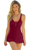 LC443469-3-S, LC443469-3-M, LC443469-3-L, LC443469-3-XL, LC443469-3-2XL, Red Women's One Piece Swimdress Skirted Strappy V Neck Side Split One-piece Bathing Suit