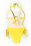 LC443432-7-S, LC443432-7-M, LC443432-7-L, LC443432-7-XL, LC443432-7-2XL, Yellow Tassel One Piece Swimsuits for Women Halter Backless Sexy Swimwear